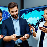 A diverse group of individuals from various cultural backgrounds, including a small business owner using a mobile device for a transaction and a remote worker collaborating across borders, engaging in a global, interconnected digital marketplace. The scene combines elements of bustling traditional commerce with subtle, futuristic digital overlays and glowing data lines symbolizing seamless global transactions. All subjects are fully clothed in modest, appropriate attire, reflecting professional and smart-casual styles. The image conveys a sense of financial inclusion, empowerment, and global access. Perfect anatomy, correct proportions, natural pose, well-formed hands, proper finger count, professional photography, high quality, safe for work, appropriate content, fully clothed, family-friendly.