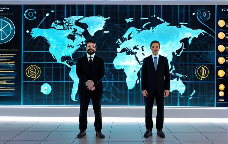 A diverse group of professional adults, fully clothed in modern business attire, representing various global economies. They are standing in a futuristic, sleek financial data center with glowing holographic world maps and digital currency symbols subtly integrating into the background. The atmosphere is innovative and forward-thinking, emphasizing the evolution of money. perfect anatomy, correct proportions, natural pose, well-formed hands, proper finger count, natural body proportions, professional photography, high quality, safe for work, appropriate content, fully clothed, professional dress, modest clothing.
